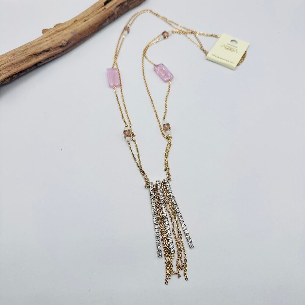 Amrita Singh Gold-Tone Necklace with Pink Resin & Crystal Beads, Tassel Pendant